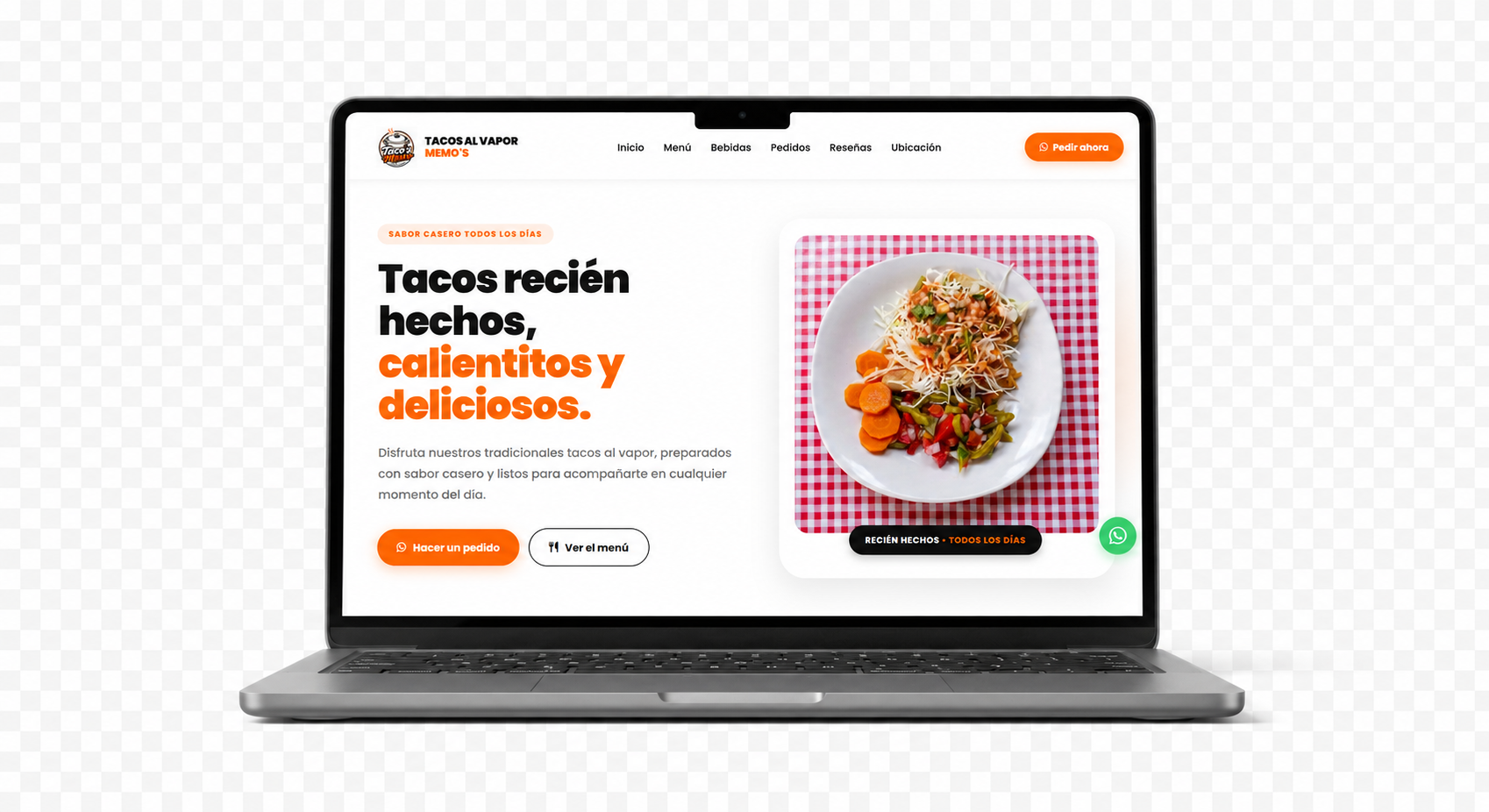 Laptop mostrando la página web de Tacos al Vapor Memo's