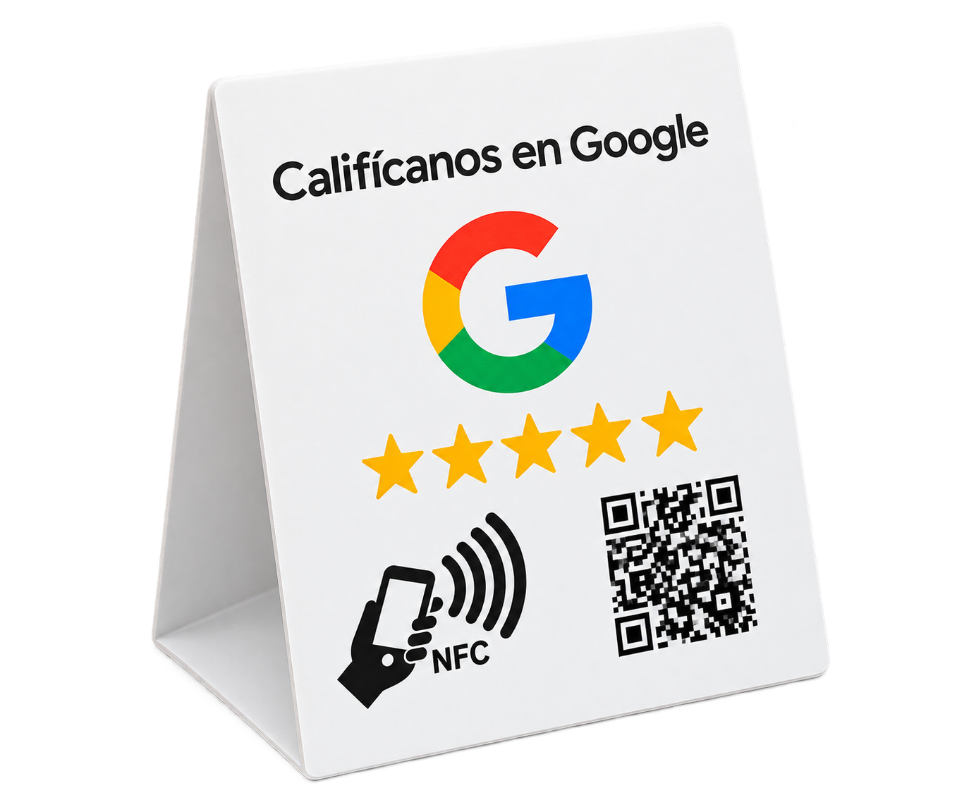 Caballete para solicitar reseñas en Google mediante QR y NFC