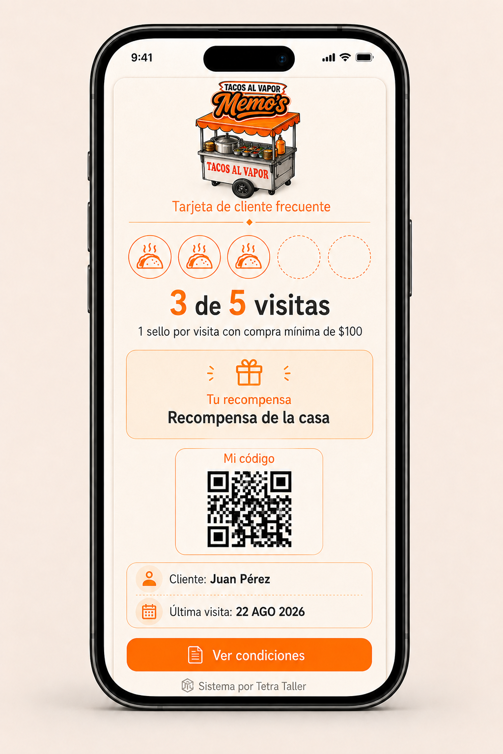 Tarjeta digital de cliente frecuente creada para Tacos al Vapor Memo's