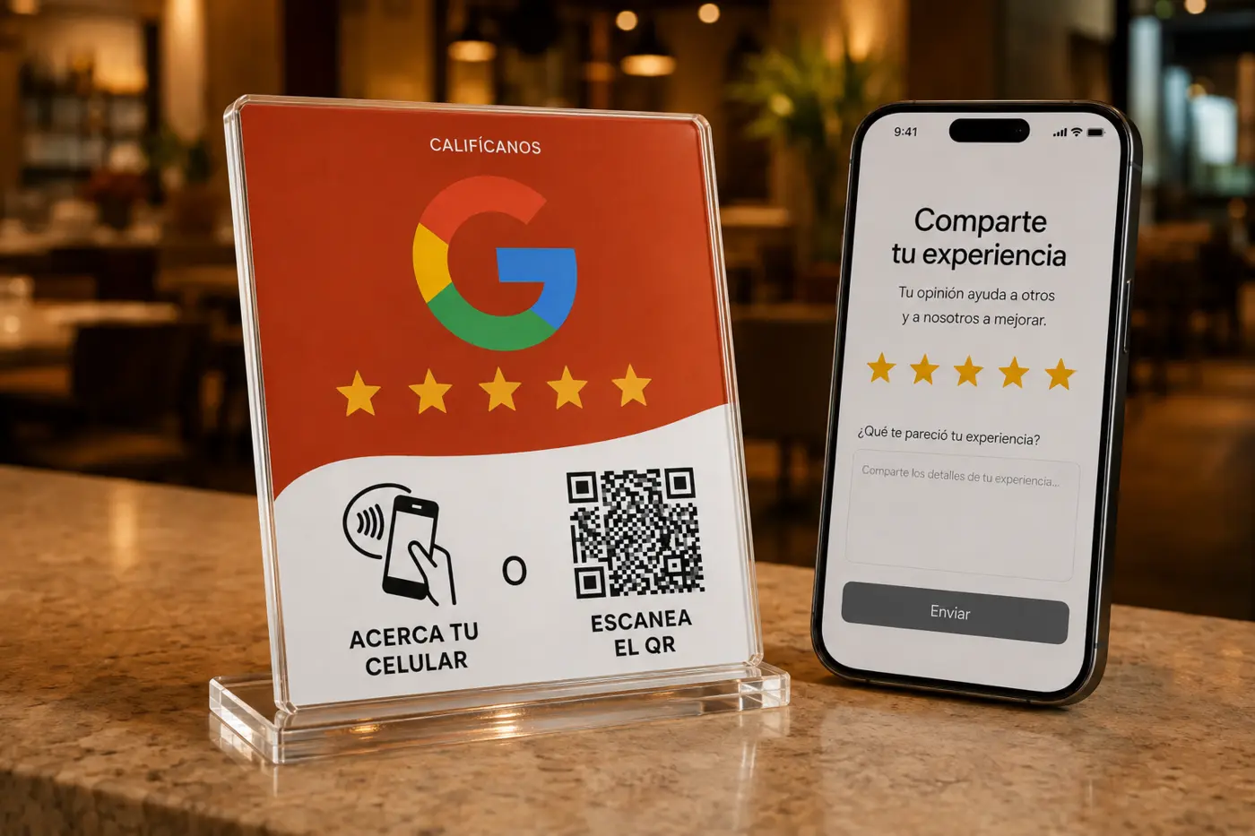 Placa de acrílico para reseñas Google con QR y NFC