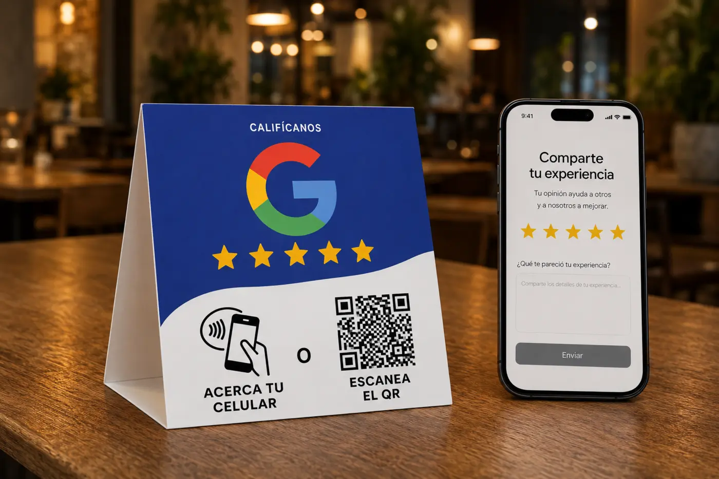 Caballete de cartón para reseñas Google con QR y NFC